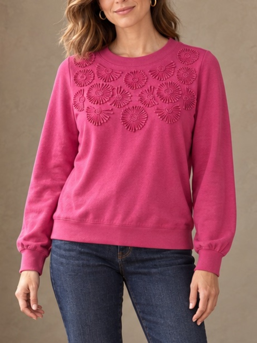 Talbots Hot Pink 3D Floral Embroidered Crewneck Sweatshirt Barbiecore Feminine M